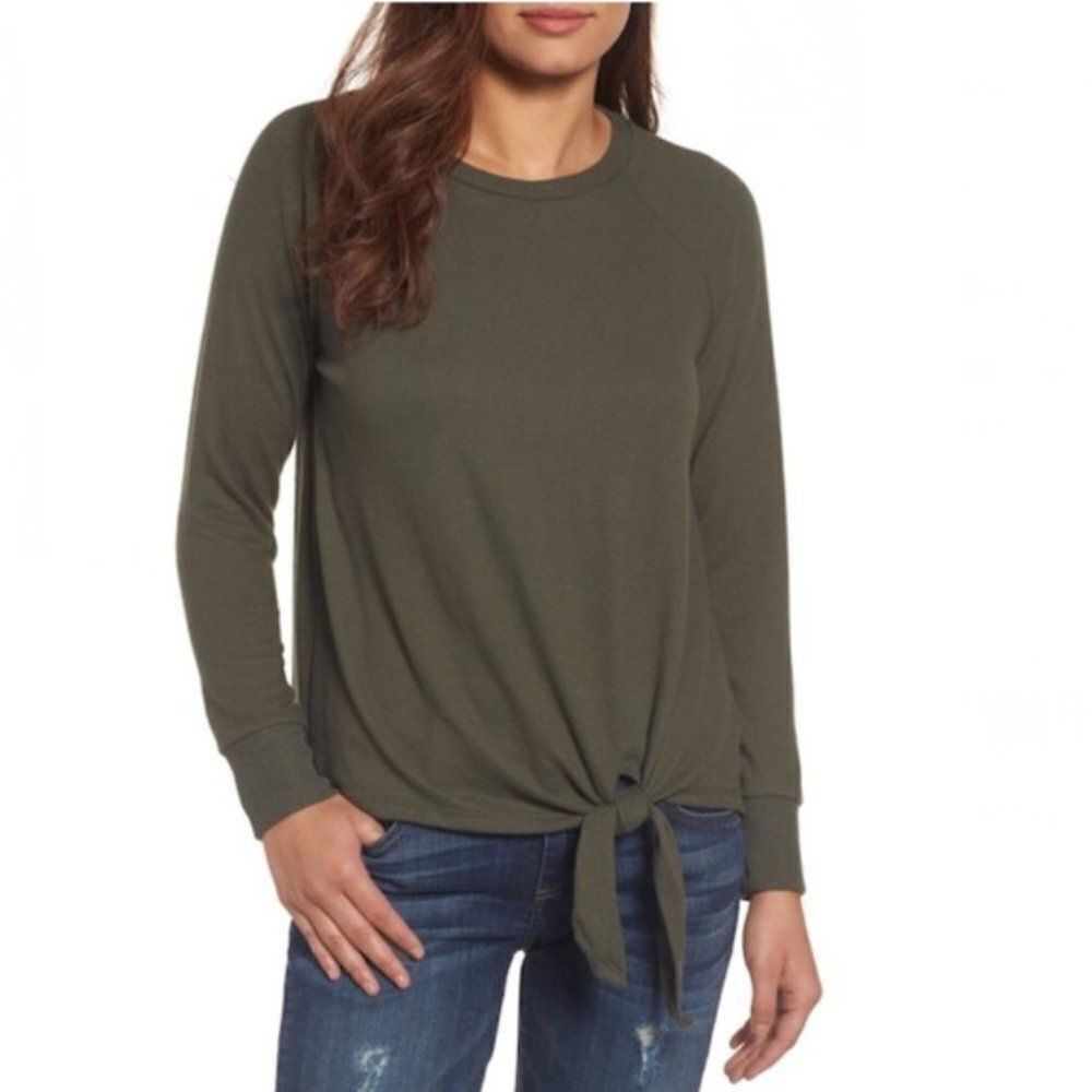 Gibson Tie Front Cozy Fleece Pullover- Petite Med
